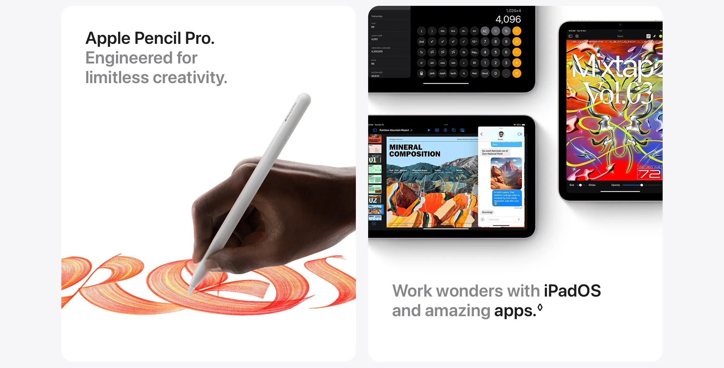 Apple Pencil Pro. Engineered for limitless creativity. Work wonders with iPadOS and amazing apps.◊