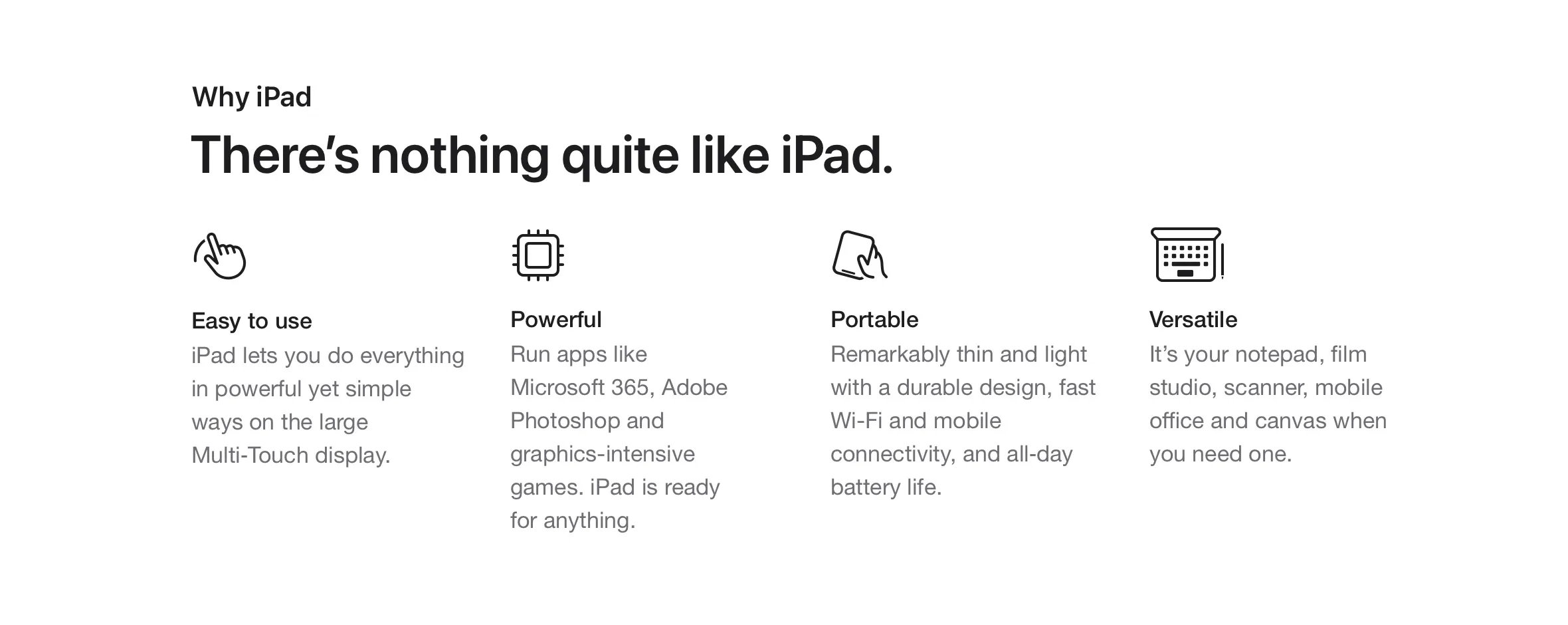 There’s nothing quite like iPad. Easy to use. Powerful. Portable. Versatile.