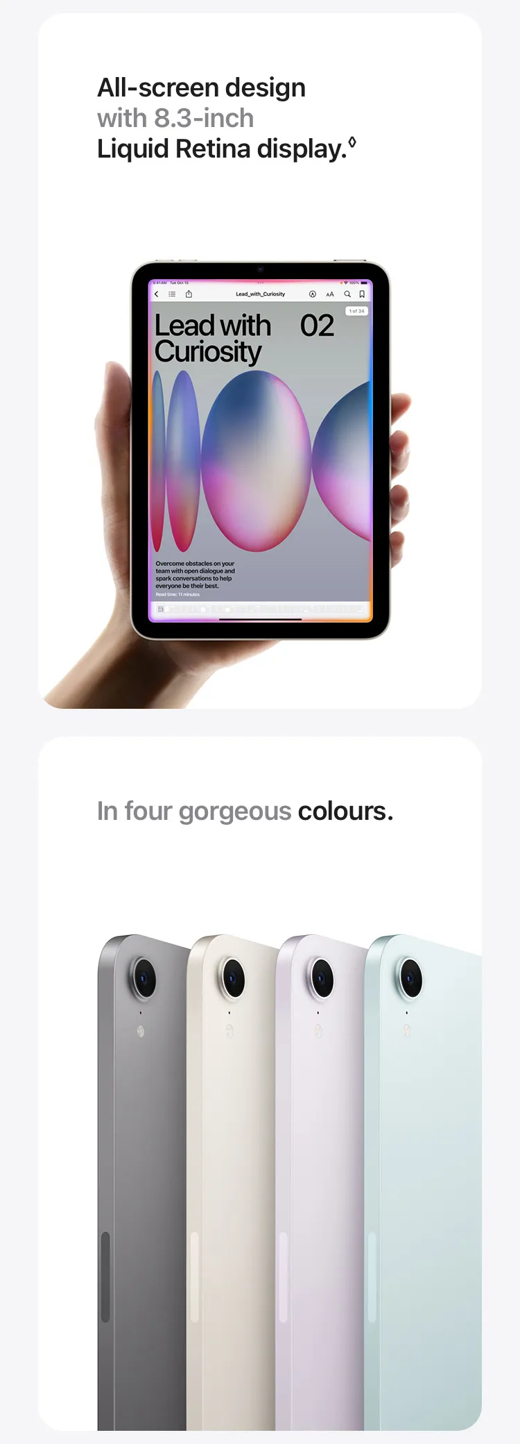 All‑screen design with 8.3‑inch Liquid Retina display.◊ In four gorgeous colours.