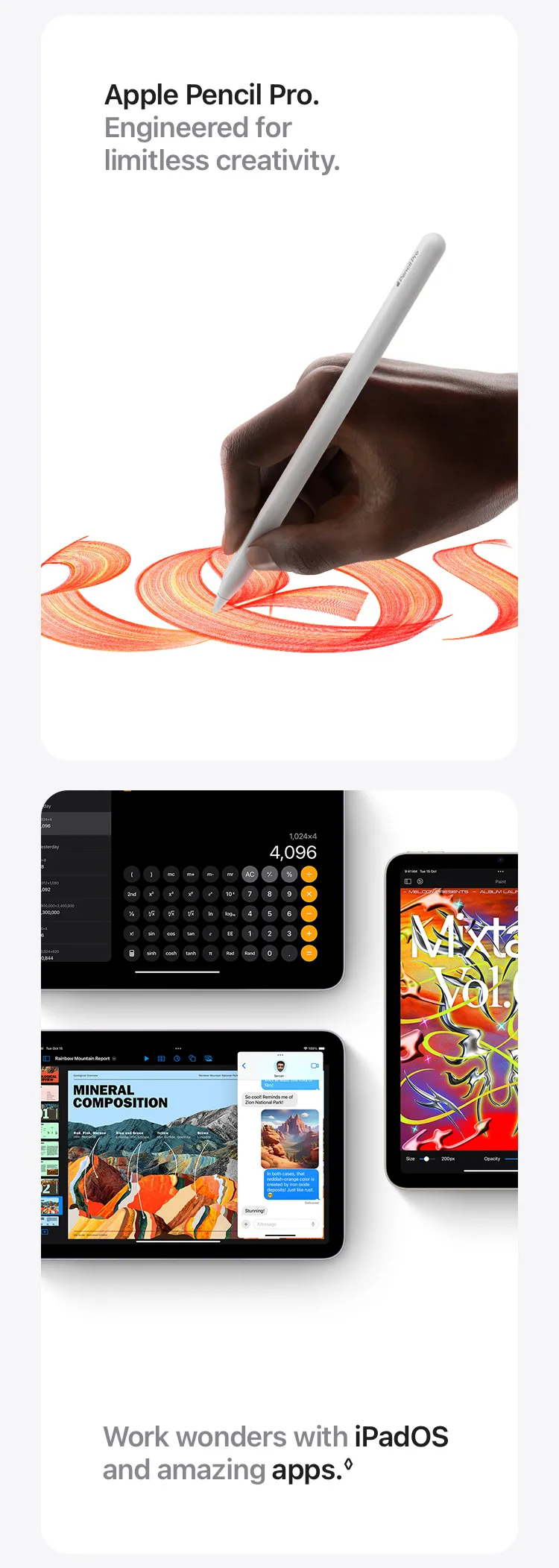 Apple Pencil Pro. Engineered for limitless creativity. Work wonders with iPadOS and amazing apps.◊