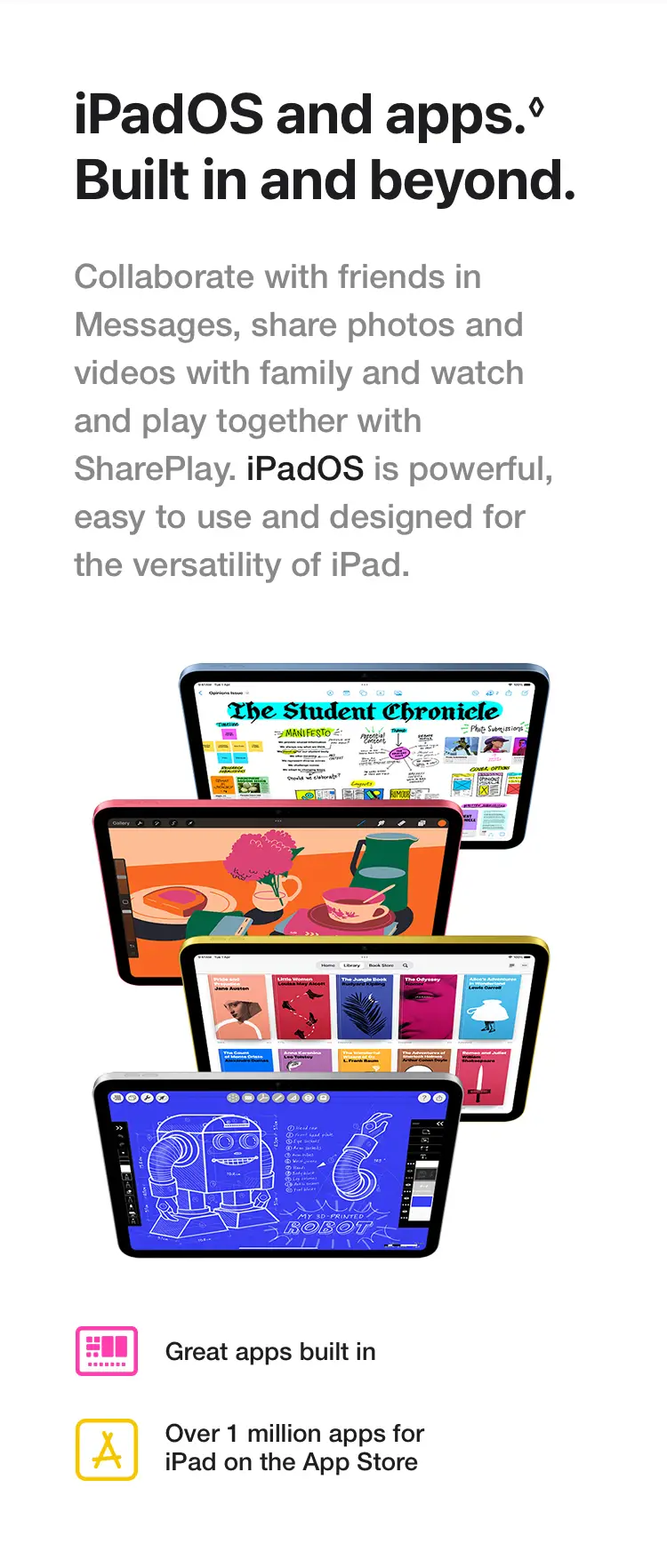 iPadOS and apps. Built in and beyond. Collaborate with friends in Messages, share photos and videos with family and watch and play together with SharePlay. iPadOS is powerful, easy to use and designed for the versatility of iPad.