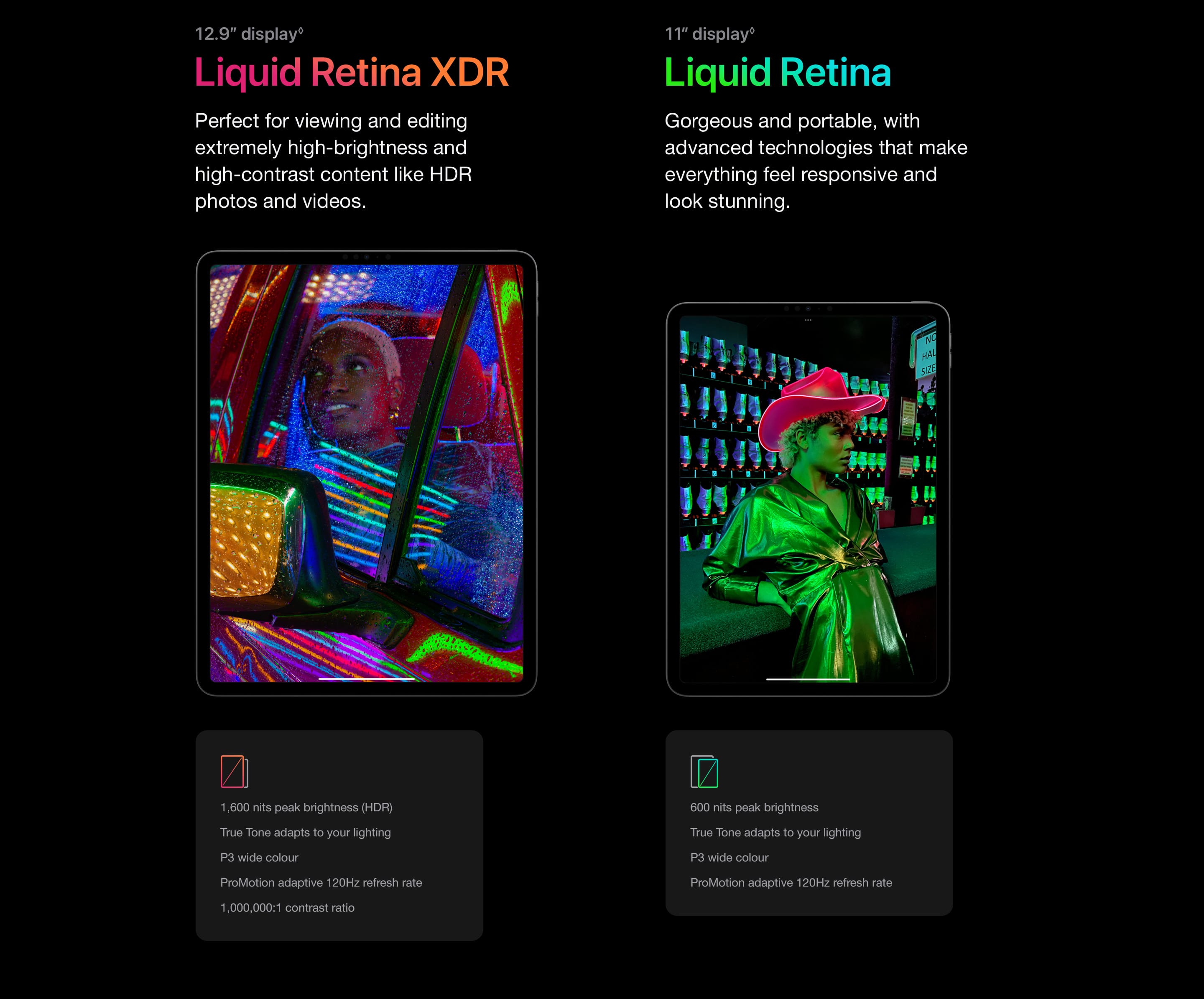 Liquid Retina XDR. Perfect for viewing and editing extremely high‑brightness and high‑contrast content like HDR photos and videos. Liquid Retina. Gorgeous and portable, with advanced technologies that make everything feel responsive and look stunning.
