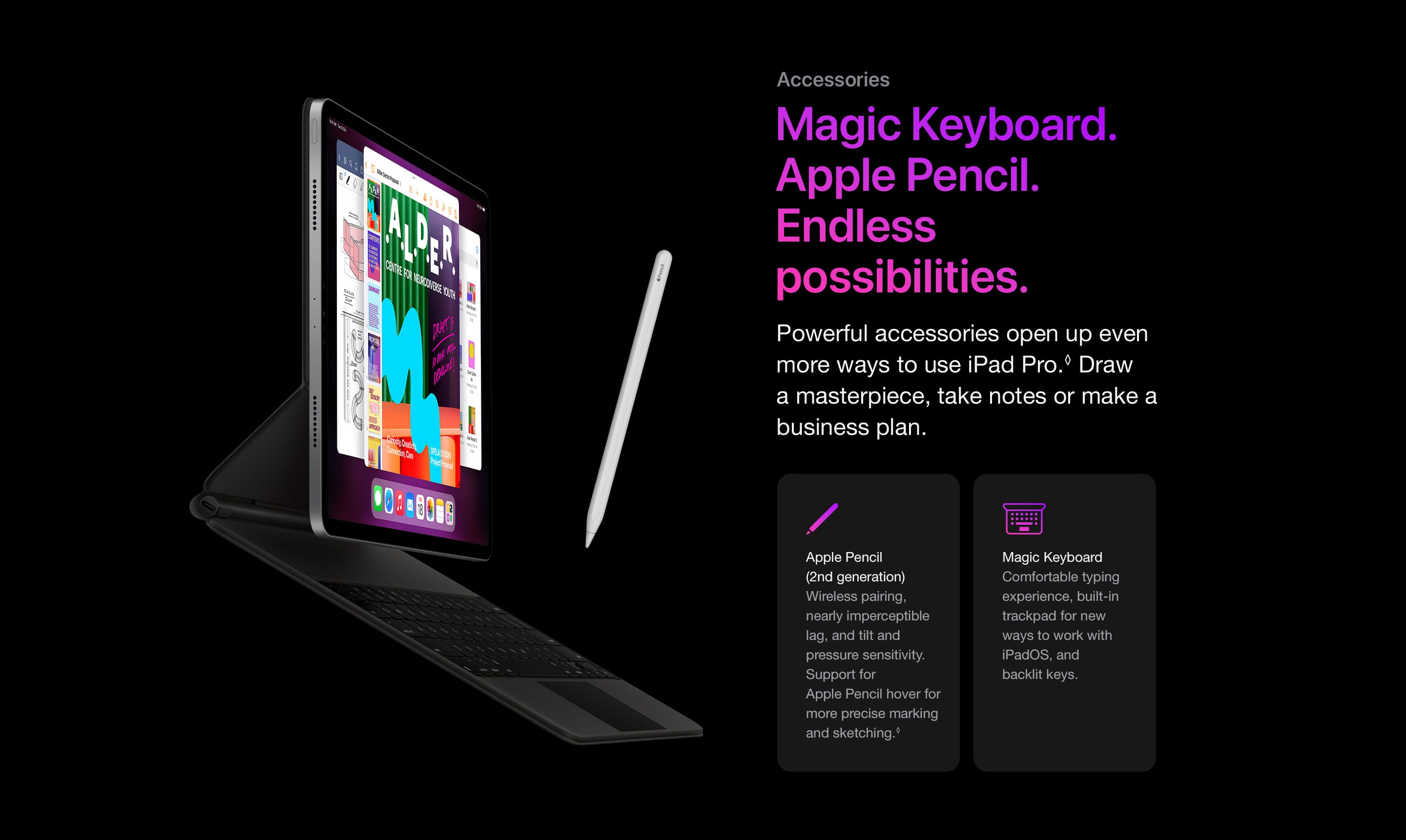 Powerful accessories open up even more ways to use iPad Pro. Draw a masterpiece, take notes or make a business plan.