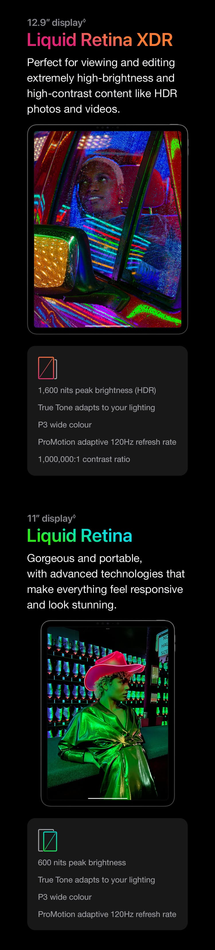Liquid Retina XDR. Perfect for viewing and editing extremely high‑brightness and high‑contrast content like HDR photos and videos. Liquid Retina. Gorgeous and portable, with advanced technologies that make everything feel responsive and look stunning.