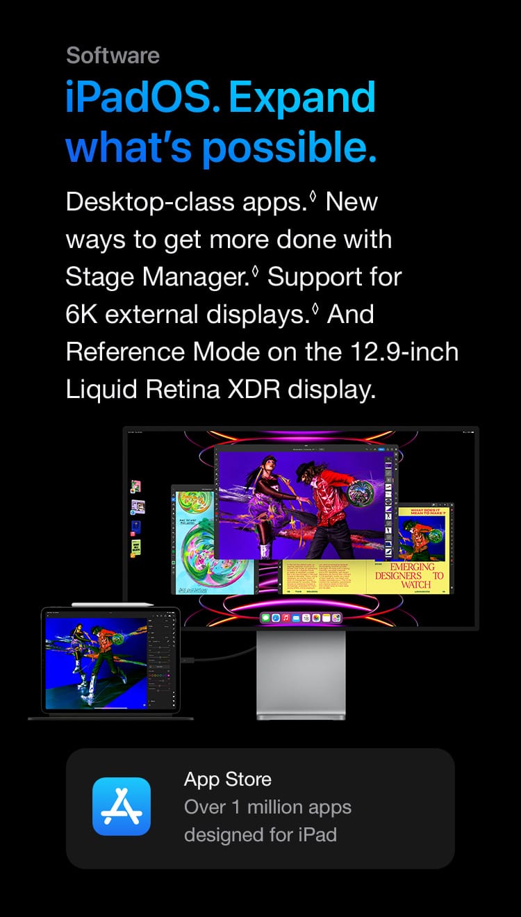 Desktop-class apps. New ways to get more done with Stage Manager. Support for 6K external displays.  And Reference Mode on the 12.9‑inch Liquid Retina XDR display.