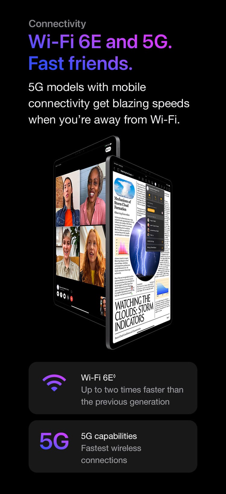 5G models with mobile connectivity get blazing speeds when you’re away from Wi-Fi.