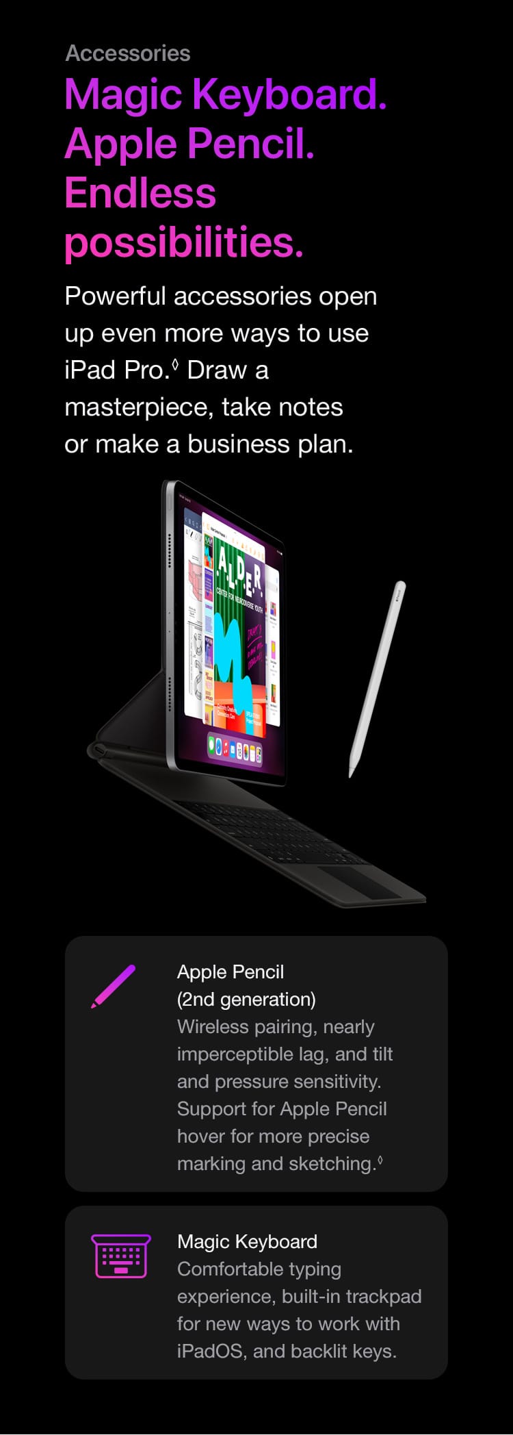 Powerful accessories open up even more ways to use iPad Pro. Draw a masterpiece, take notes or make a business plan.