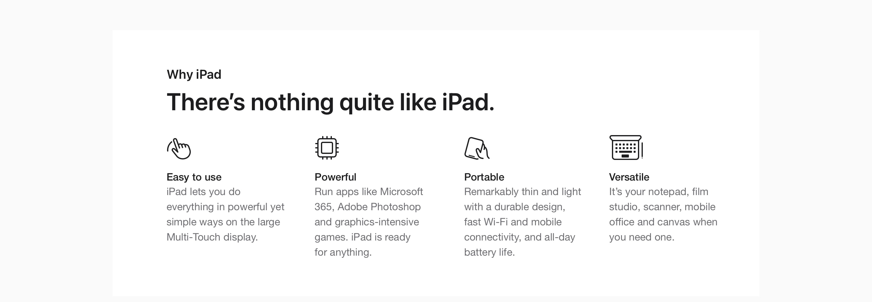 There’s nothing quite like iPad. Easy to use. Powerful. Portable. Versatile.