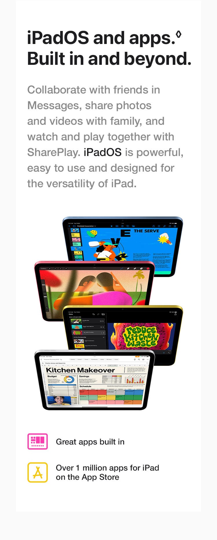 Collaborate with friends in Messages, share photos and videos with family, and watch and play together with SharePlay. iPadOS is powerful, easy to use and designed for the versatility of iPad.