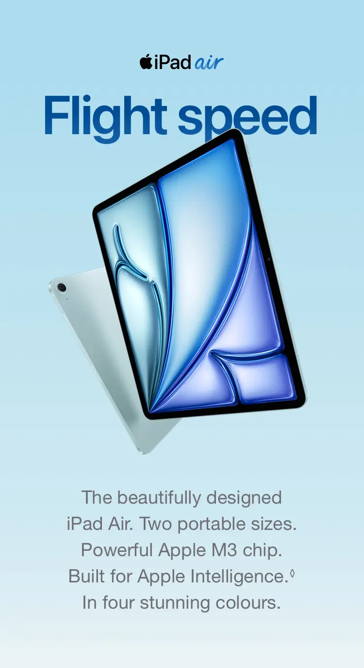 The beautifully designed iPad Air. Two portable sizes. Powerful Apple M3 chip. Built for Apple Intelligence.◊Refer to legal disclaimers In four stunning colours.