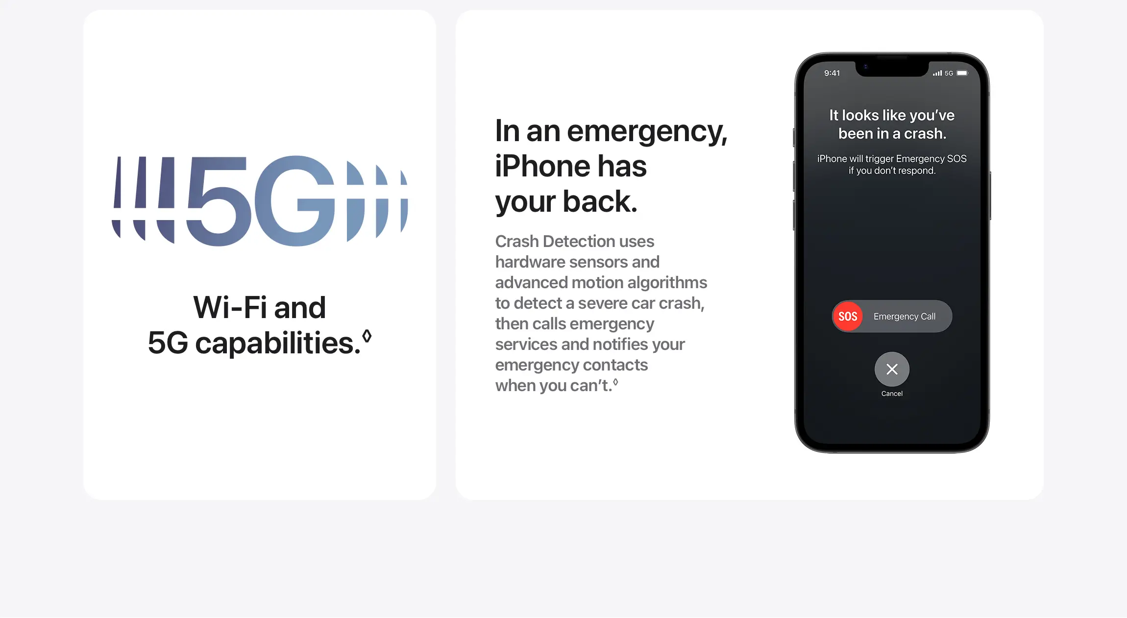 Wi‑Fi and  5G capabilities.◊In an emergency,  iPhone has your back.