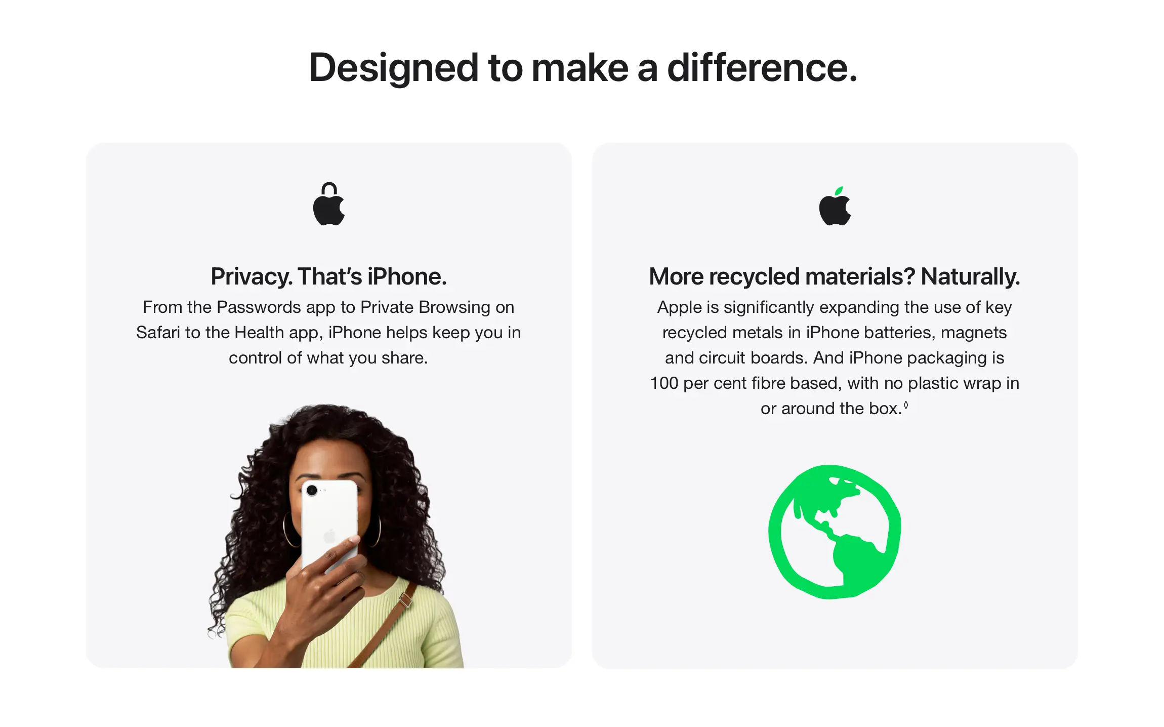 Designed to make a difference. From the Passwords app to Private Browsing on Safari to the Health app, iPhone helps keep you in control of what you share. Apple is significantly expanding the use of key recycled metals in iPhone batteries, magnets and circuit boards. And iPhone packaging is 100 per cent fibre based, with no plastic wrap in or around the box.◊