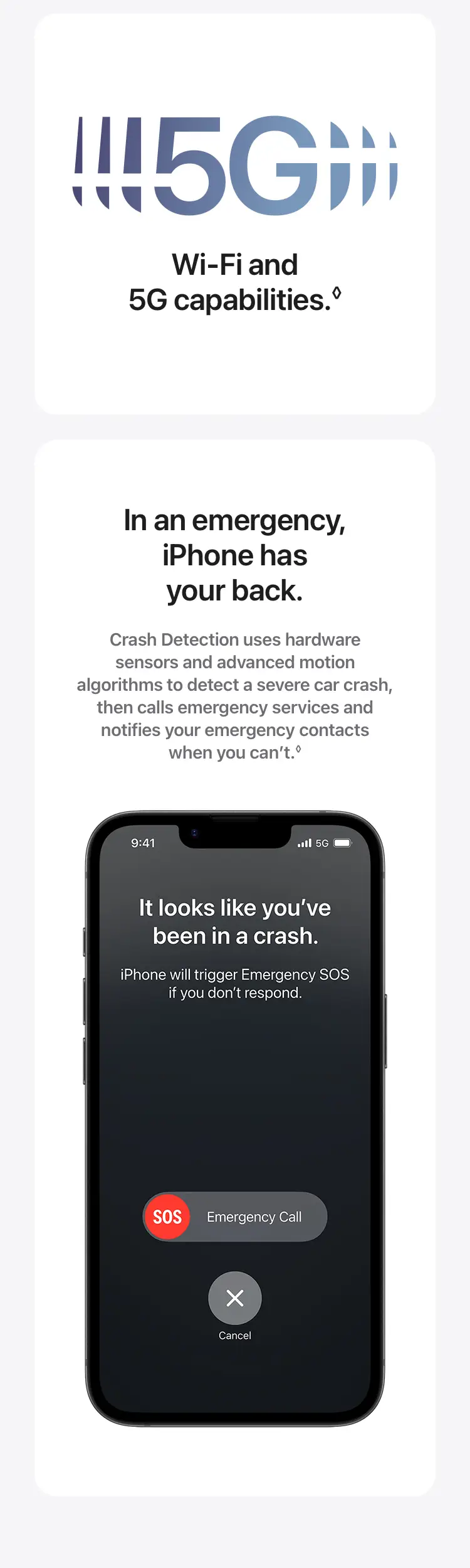 Wi‑Fi and  5G capabilities.◊In an emergency,  iPhone has your back.