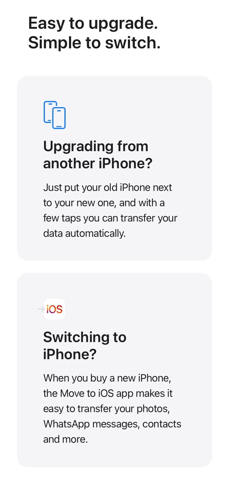 Upgrading from another iPhone? Just put your old iPhone next to your new one, and with a few taps you can transfer your data automatically. Switching to iPhone? When you buy a new iPhone, the Move to iOS apps makes it easy to transder your photos, WhatsApp messages, contacts and more.