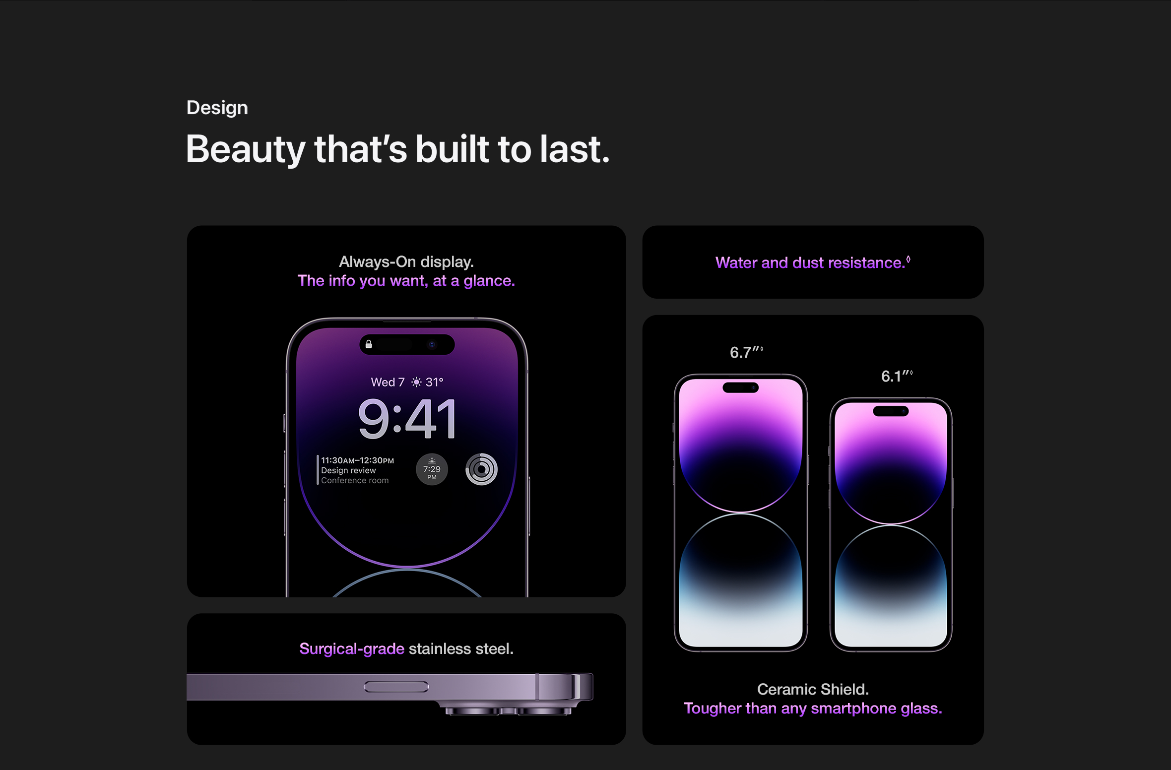Display of iPhone 14 pro, Stainless steel material used on iPhone 14 pro, Ceramic shield used on iPhone 14 pro for durability - Singtel