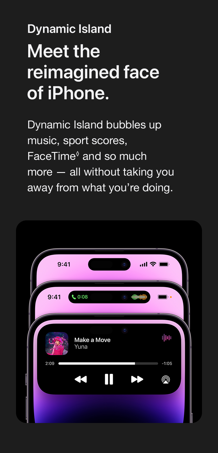 Dynamic island on iPhone 14 home screen minimised so you can stay on what you are doing - Singtel
