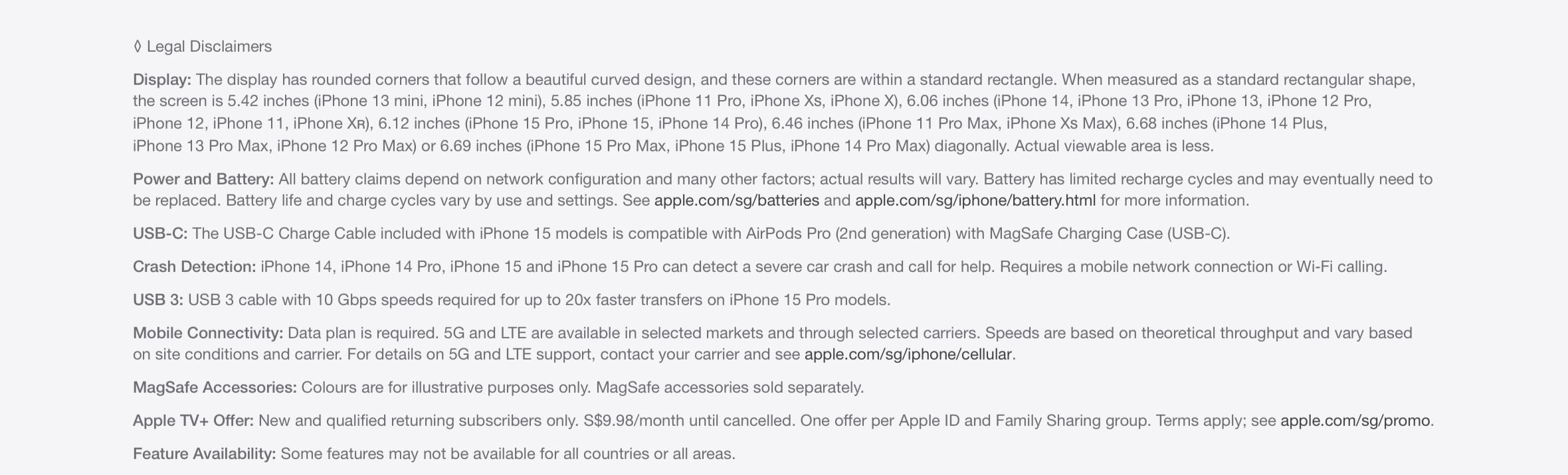Legal Disclaimers for Apple iPhone 15