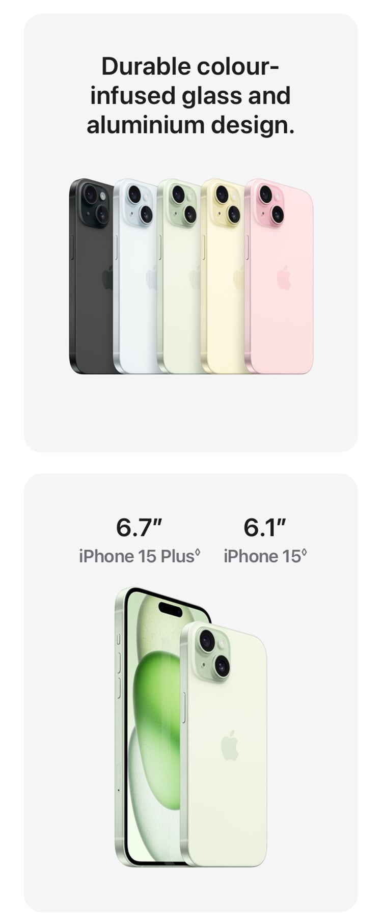 Color-infused glass and aluminum shine in two sizes: iPhone 15 6.1" & iPhone 15 Plus 6.7" - Singtel