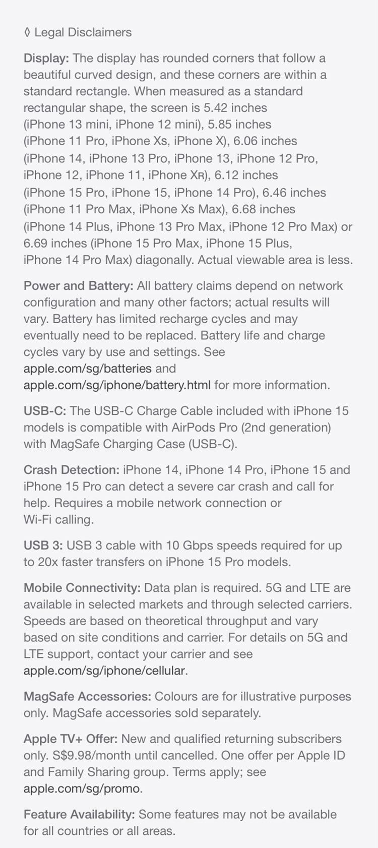 Legal Disclaimers for Apple iPhone 15