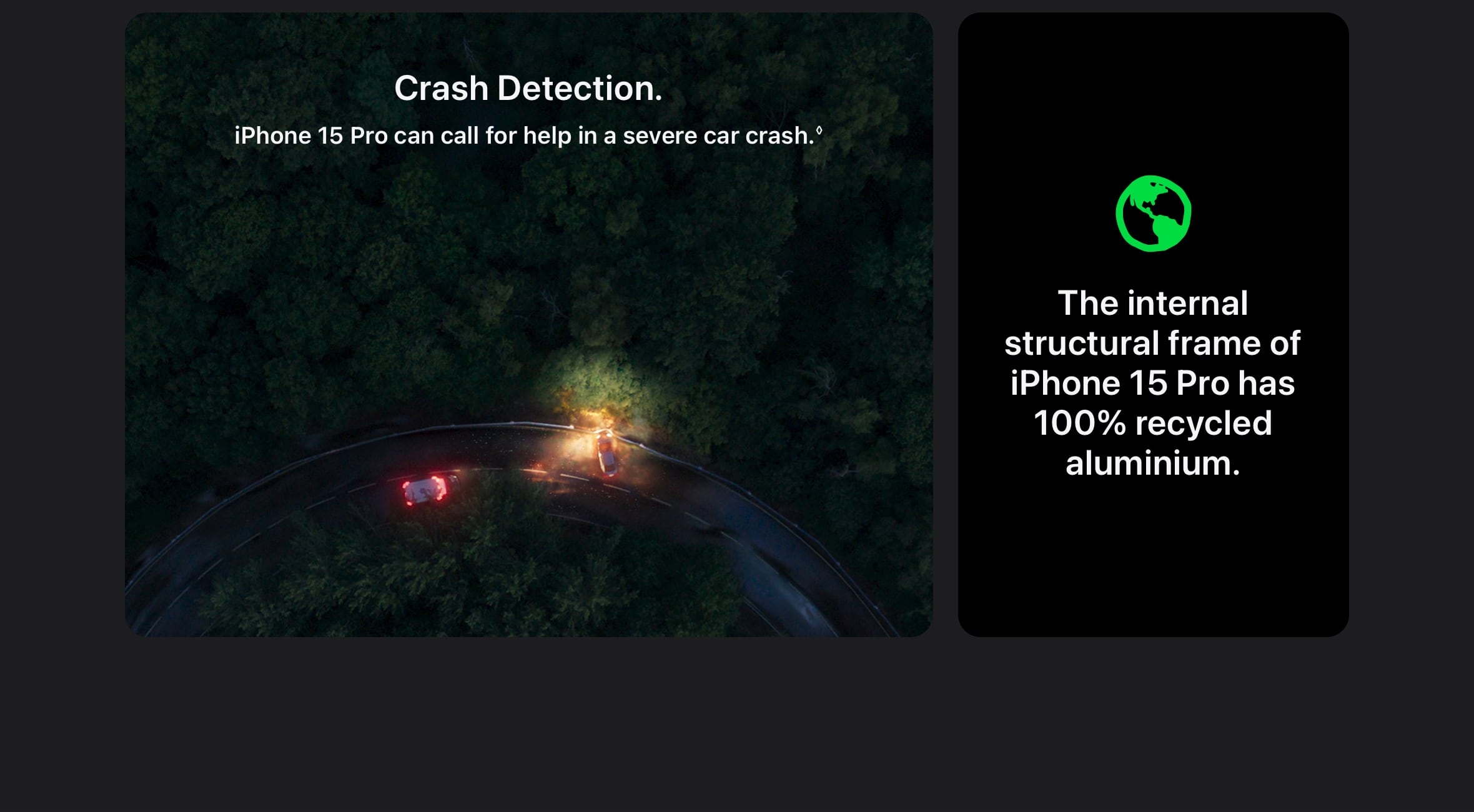 iPhone 15 Pro detects car crashes and sends for help. iPhone 15 Pro's internal frame: 100% recycled aluminum - Singtel