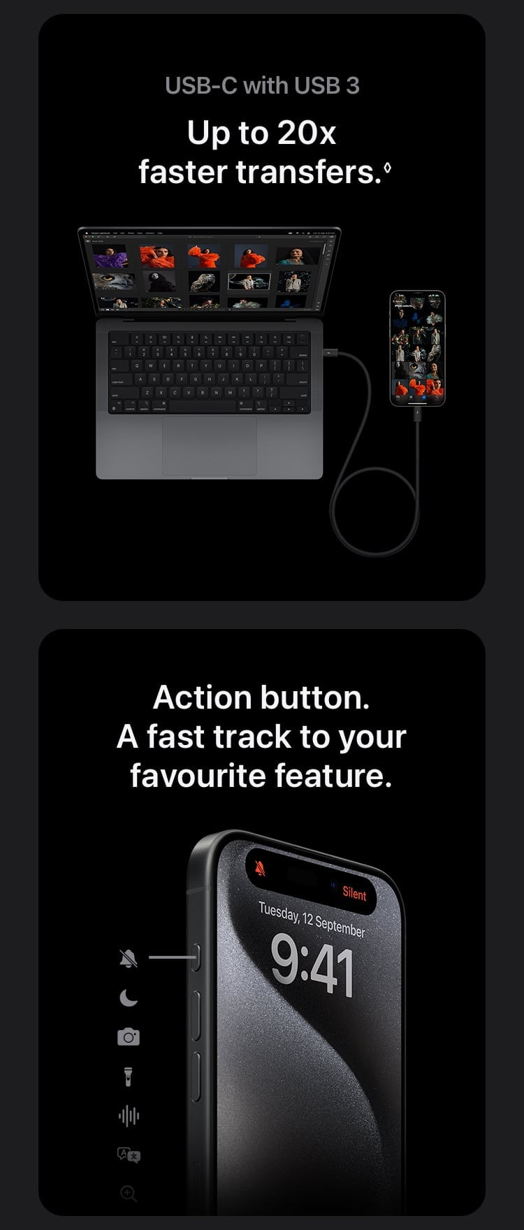 Get up to 20x faster USB-C transfers with USB 3 and experience the all-new Action button on iPhone 15 Pro - Singtel