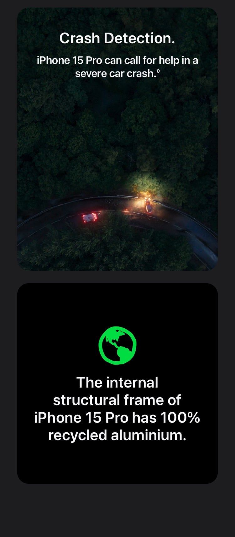 iPhone 15 Pro detects car crashes and sends for help. iPhone 15 Pro's internal frame: 100% recycled aluminum - Singtel
