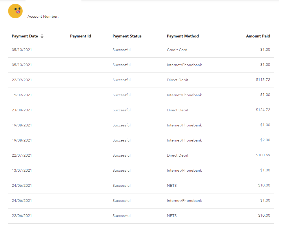 Example screenshot of Payment History on Singtel My Account