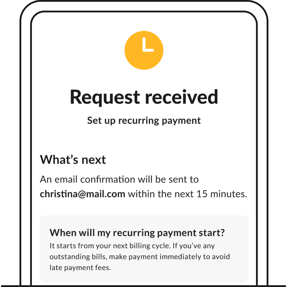 After your payment method setup is successful, you'll be brought to this screen
