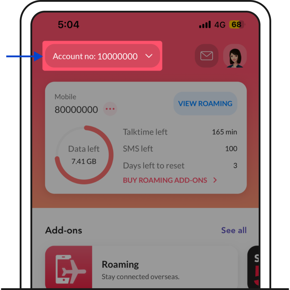 On My Singtel app, you can find your Singtel account number on the top left of your homepage