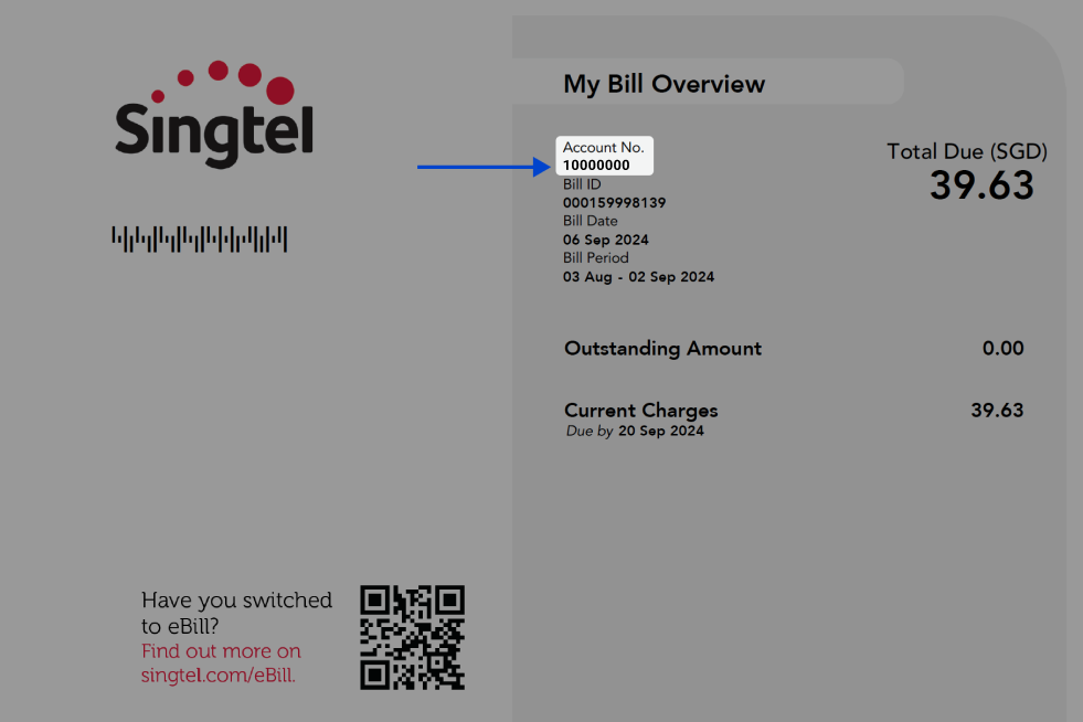 On your Singtel bill, you'll be able to find your Singtel account number under 