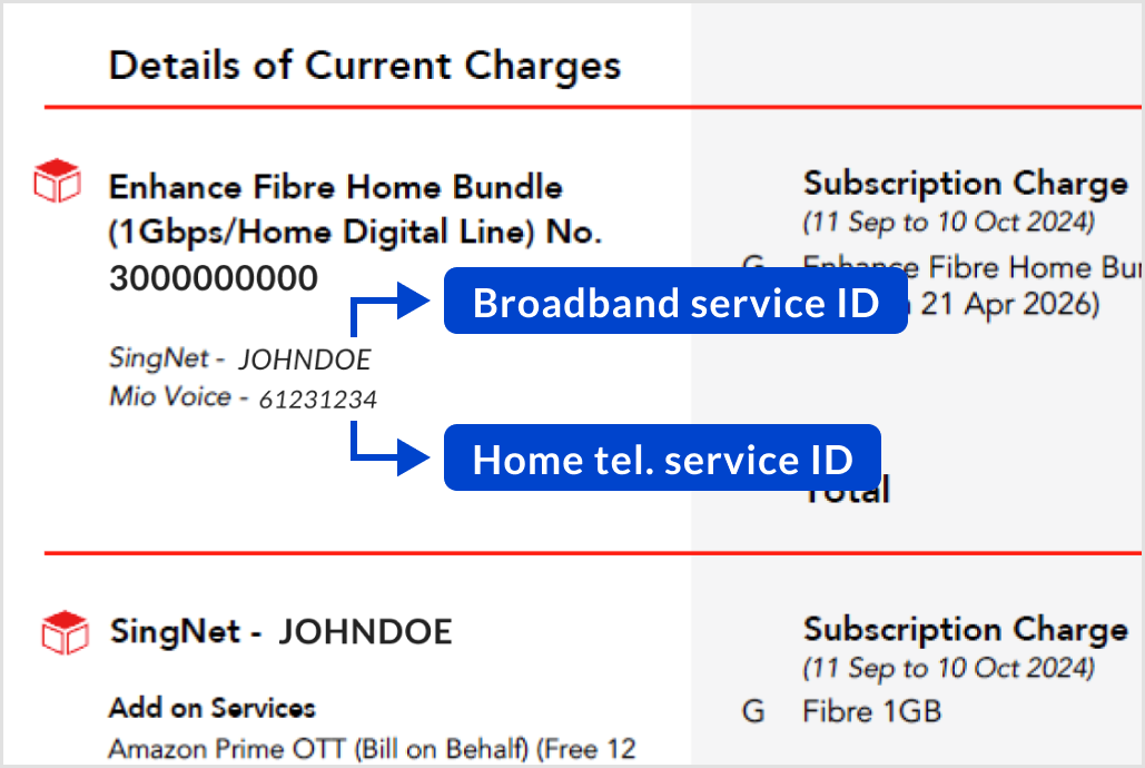 On your Singtel bill, look for your respective Service IDs under 