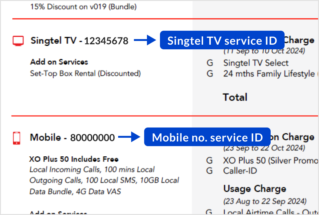 On your Singtel bill, look for your respective Service IDs under 