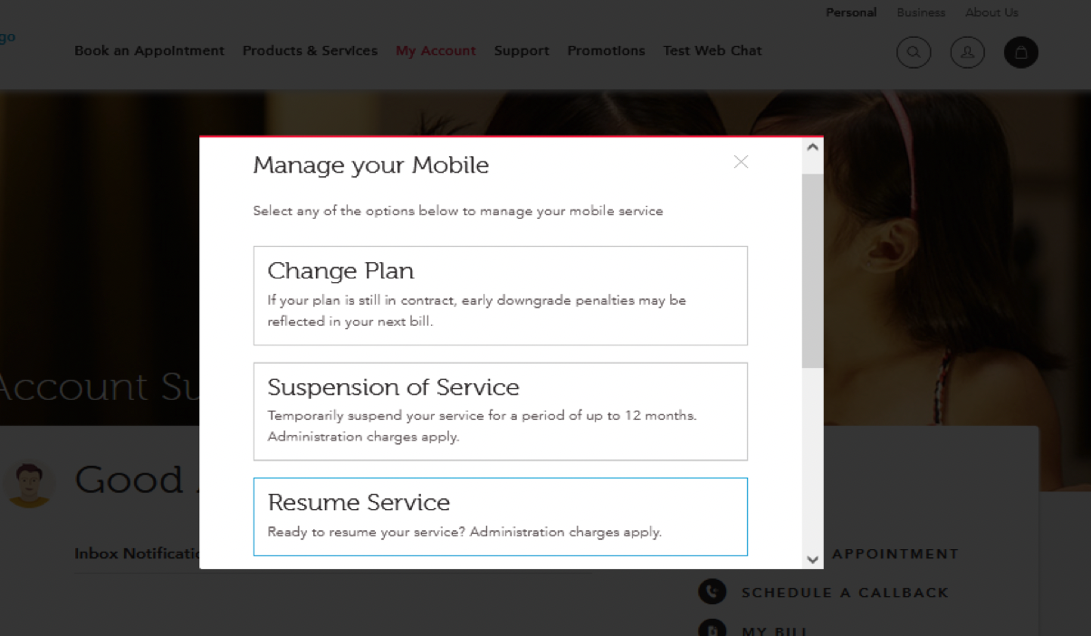 Next, select 'Resume Service' and follow the instructions. An administrative charge will apply