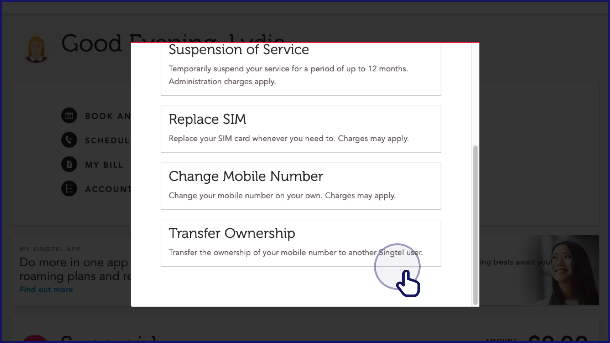Click on Transfer Ownership- and follow instructions - Singtel