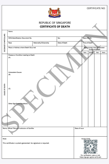 Sample of death certificate – Singtel Close or Transfer account