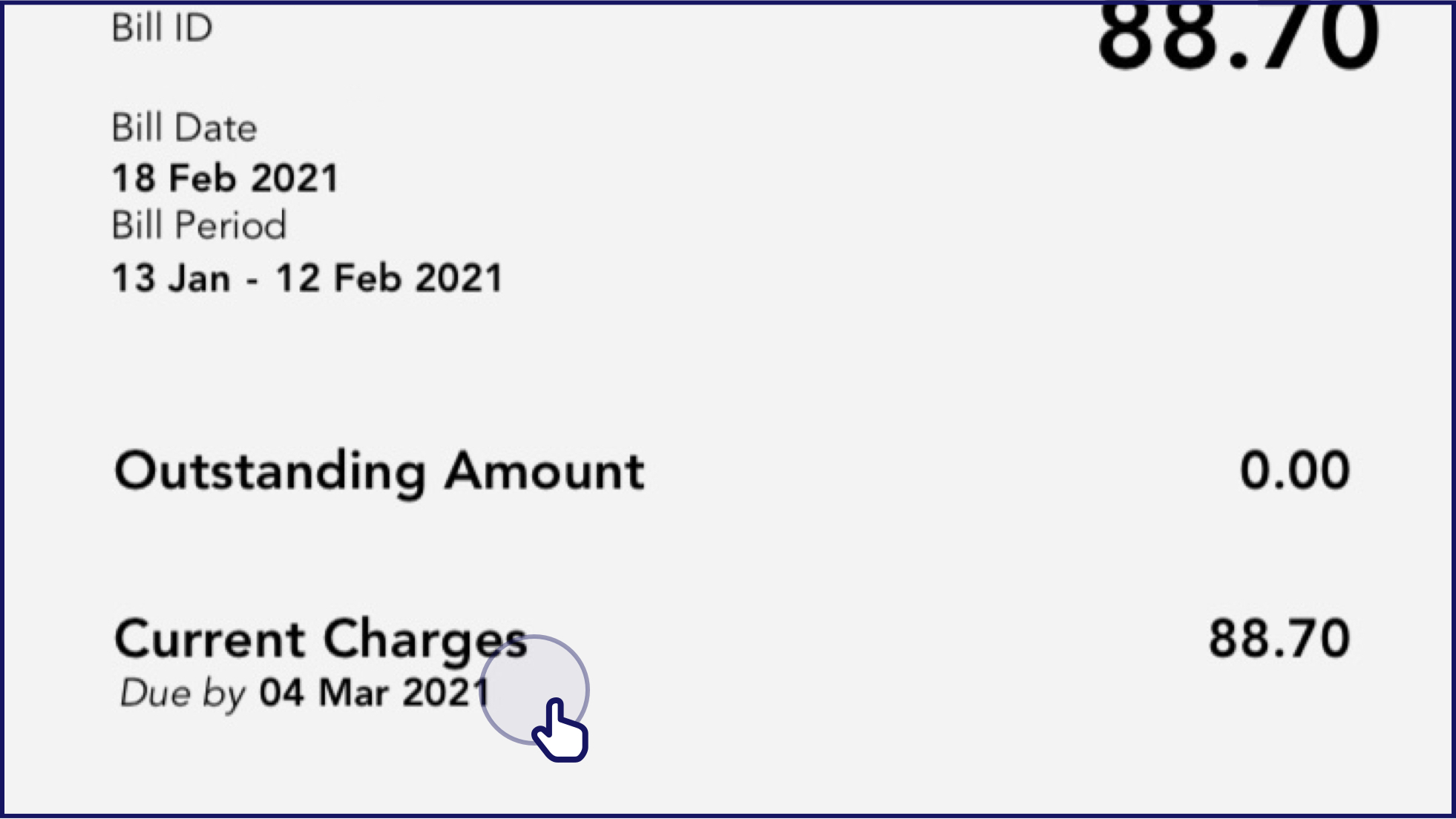 Example of outstanding amount and current charges on bill statement
