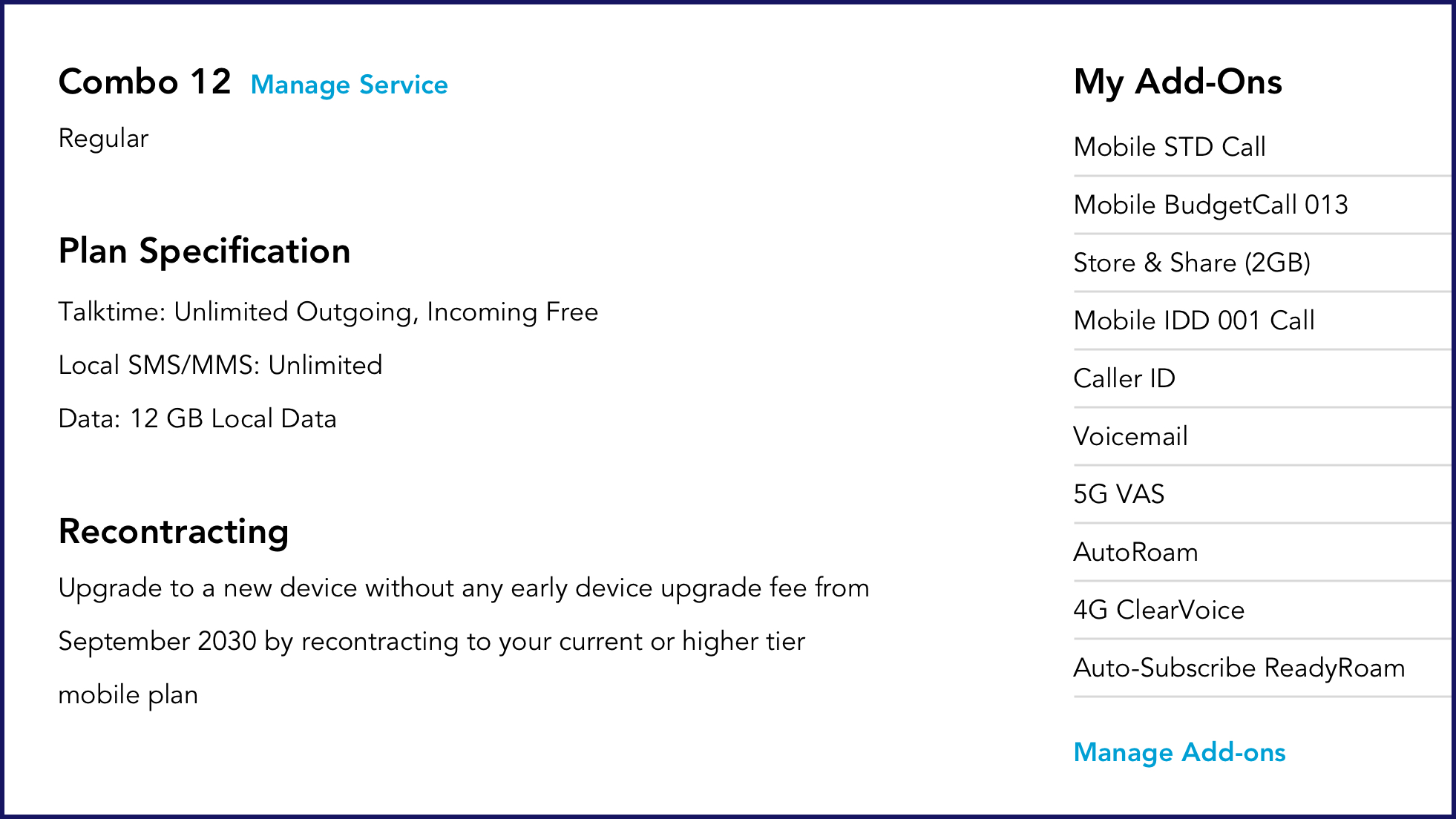 Example of postpaid mobile plans recontract eligibility screen - Singtel support