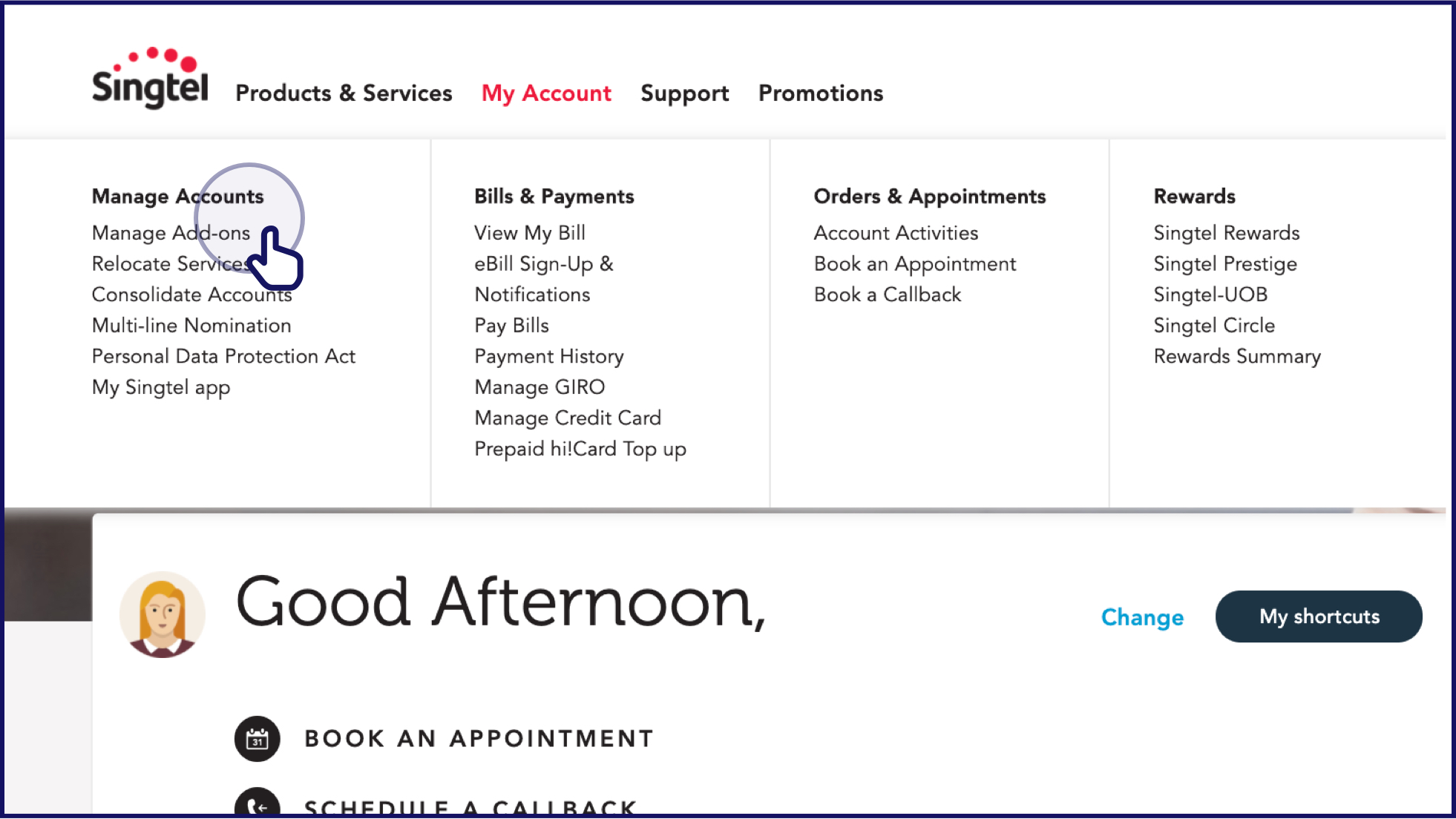 Click on Manage add-ons - Singtel braodband support