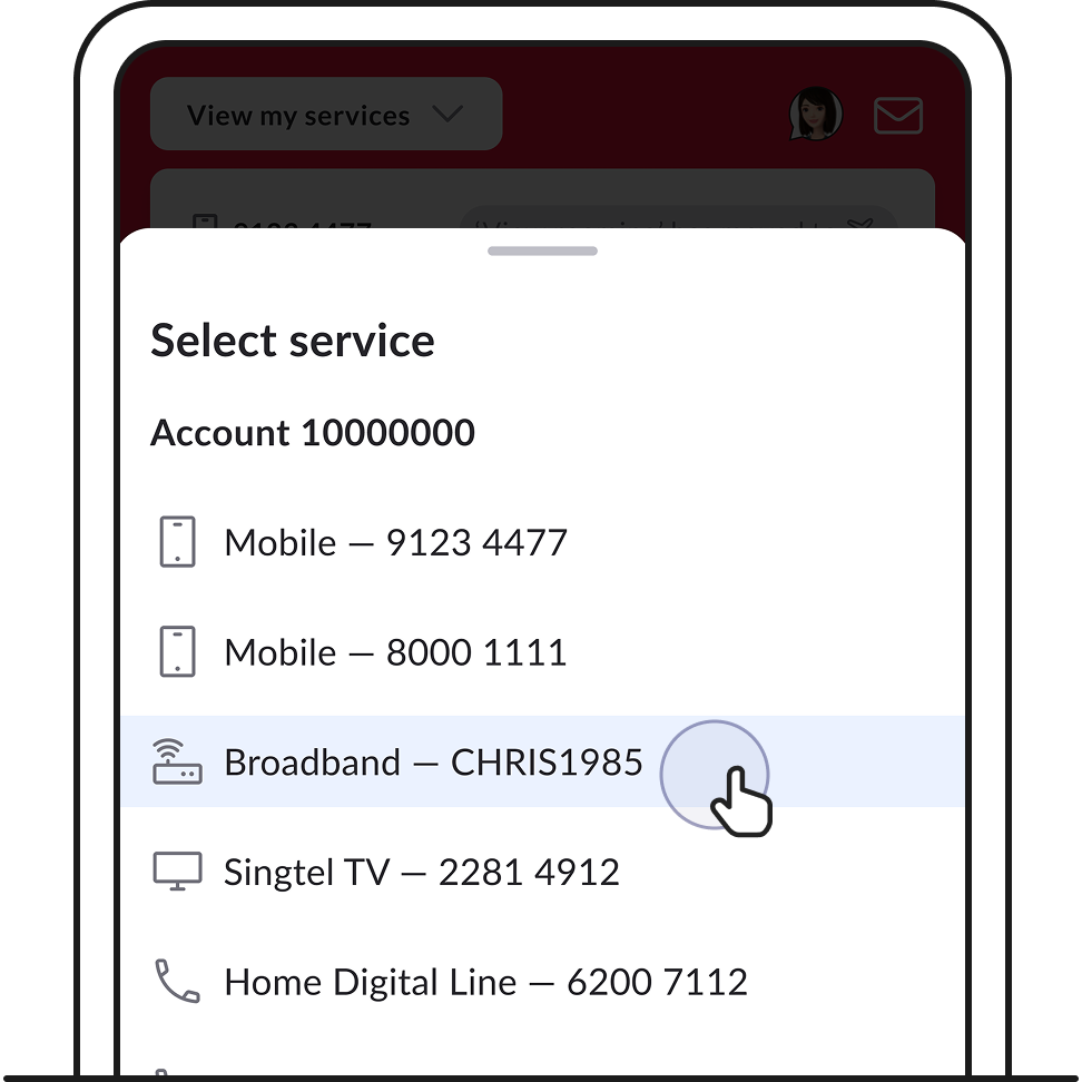 Select your broadband account to manage Singtel broadband add-ons