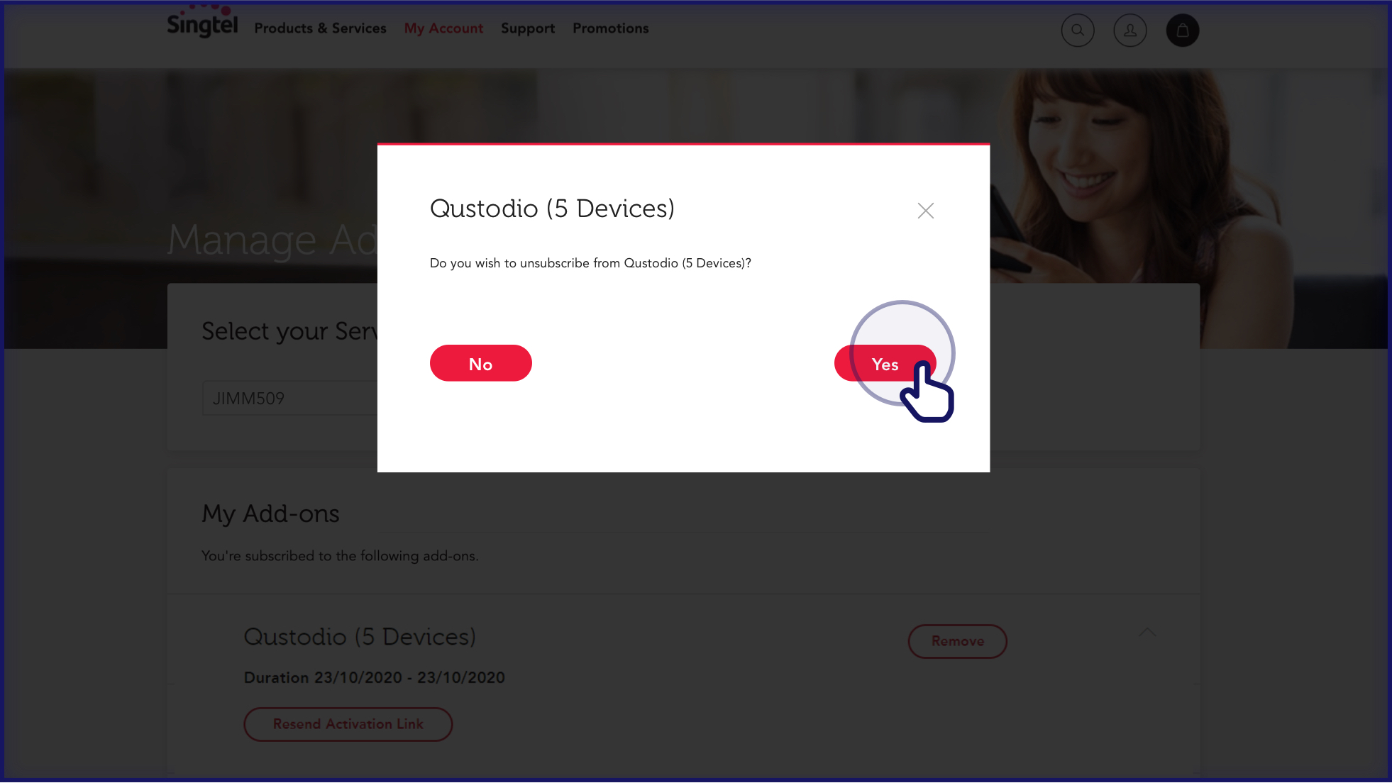Click on Yes to confirm removal of broadband add-on