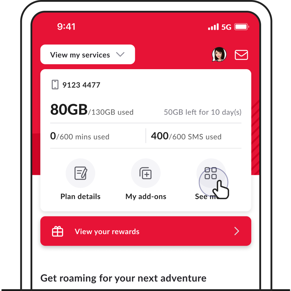 Open 'My Singtel' app on your mobile and scroll down to view data usage