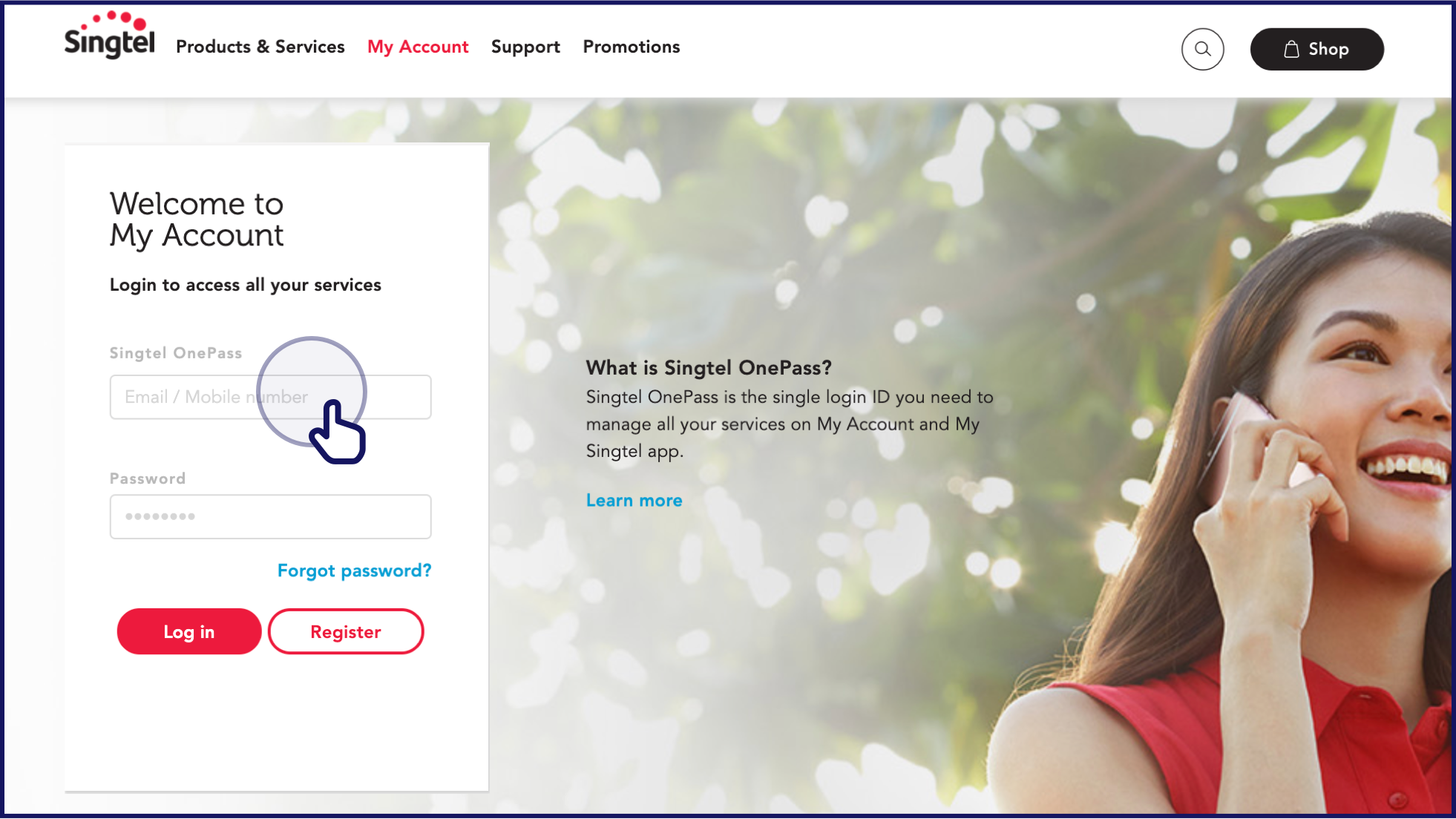 Logging in 'My Account' with Singtel OnePass on desktop