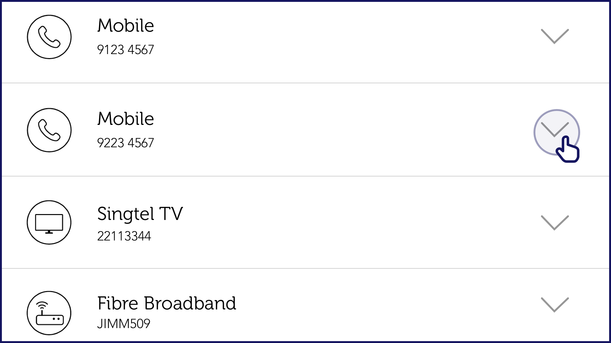 Check data usage by clicking on the mobile line you wish to check -Singtel Support