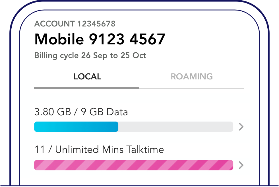 Open 'My Singtel' app on your mobile and scroll down to view data usage