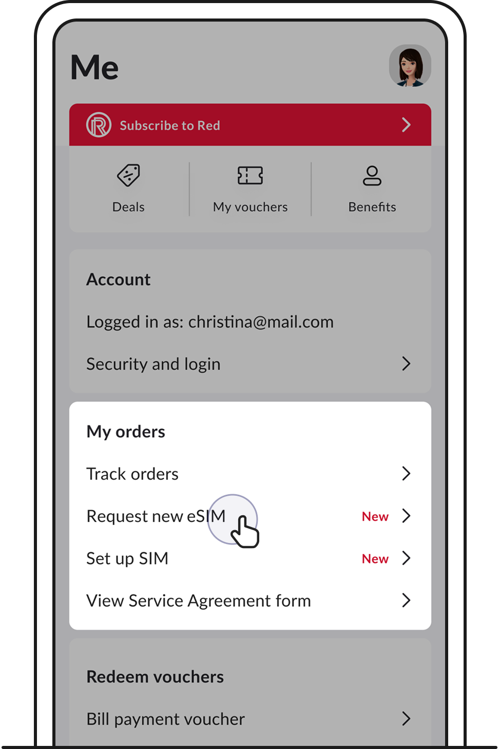 On your Me tab, tap Request new eSIM.