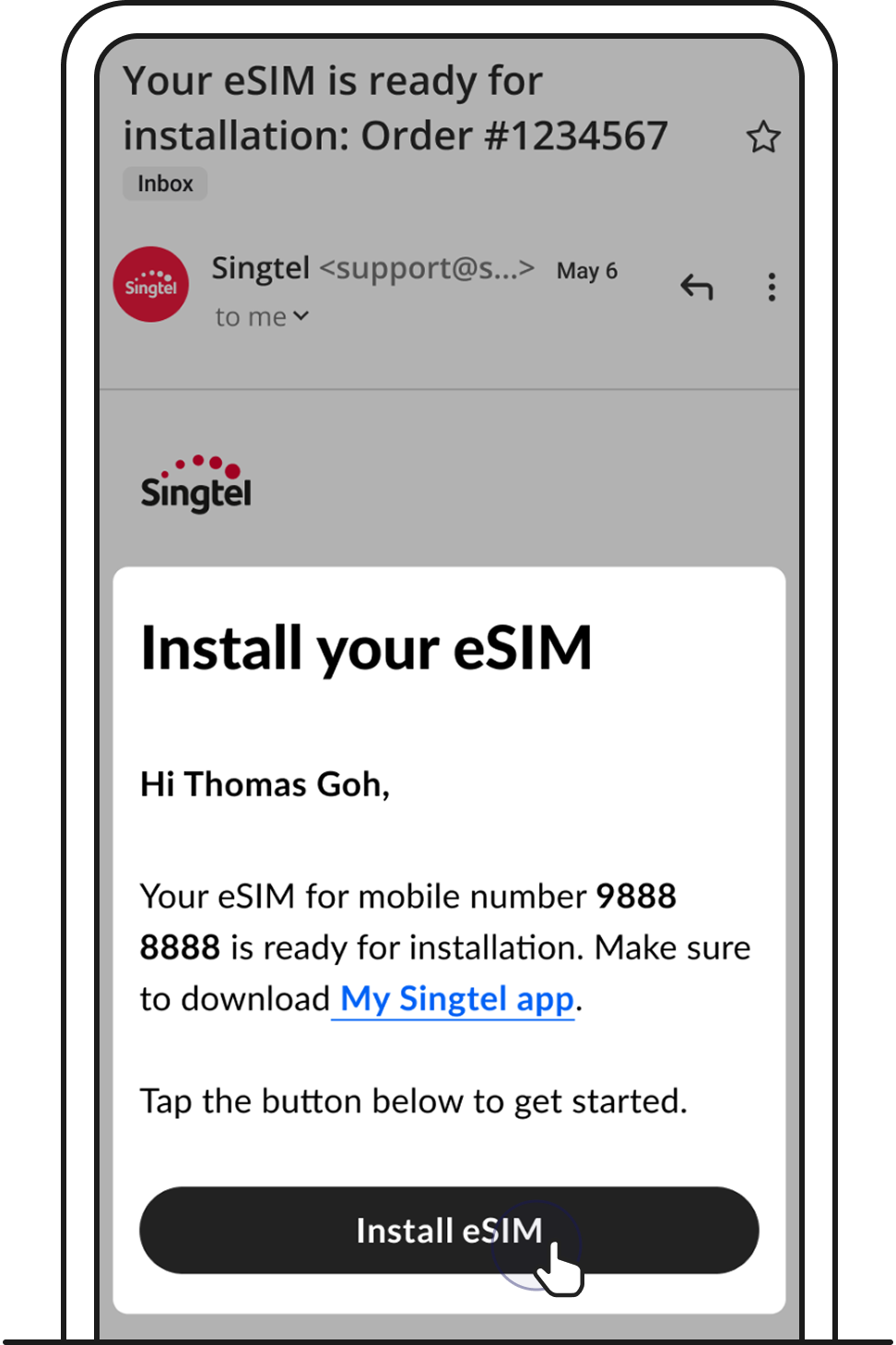 Follow steps on eSIM installation email