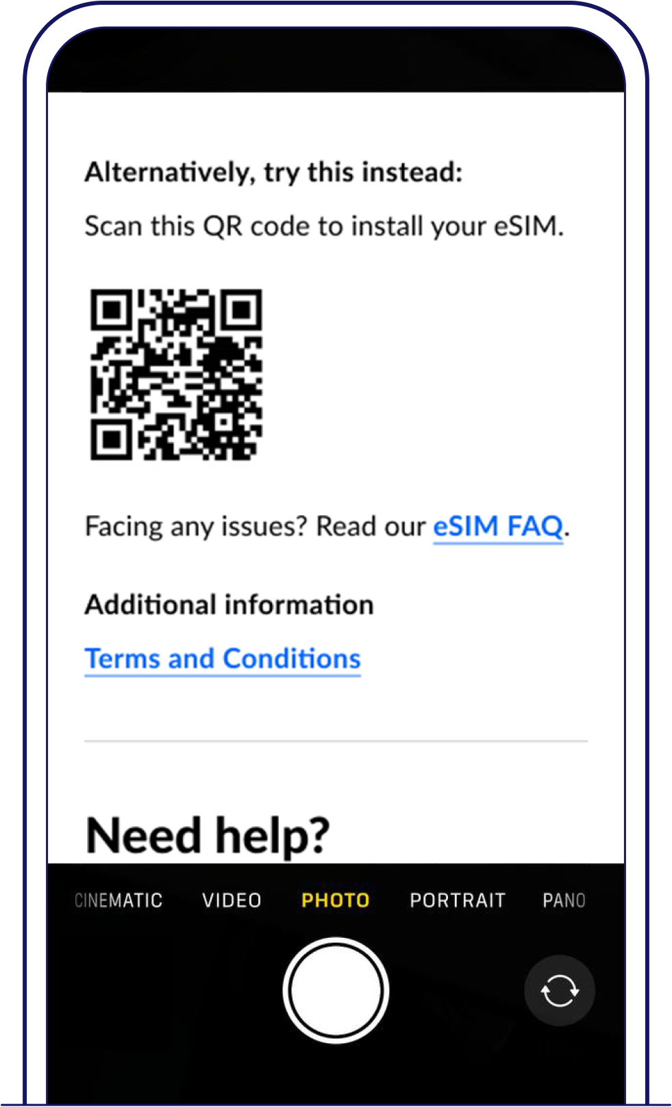 On the mobile device that you want to install your eSIM in, scan the QR code using the camera app – Singtel eSIM