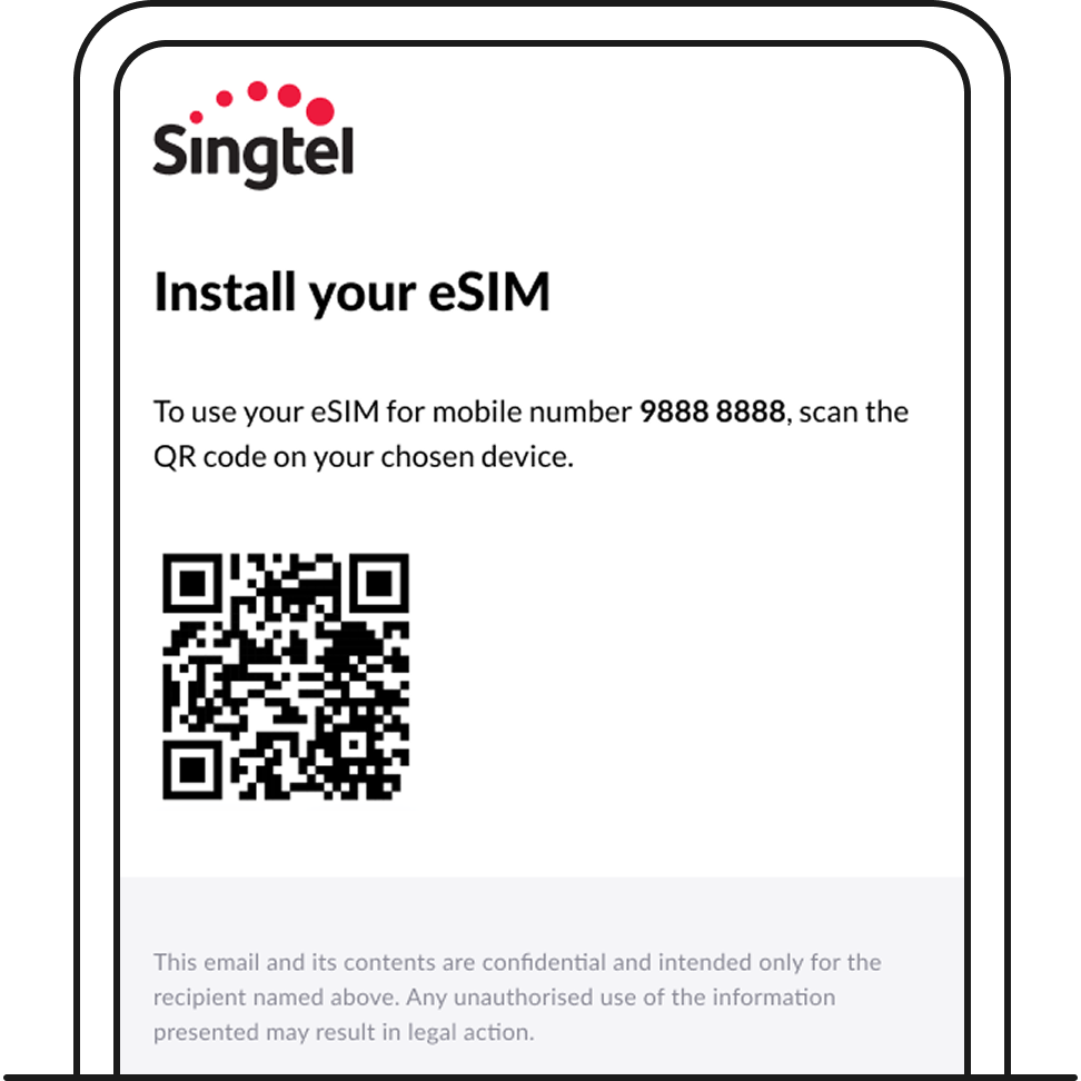 Using the mobile device that you want to install your eSIM in, scan the QR code using the camera application - Singtel eSIM