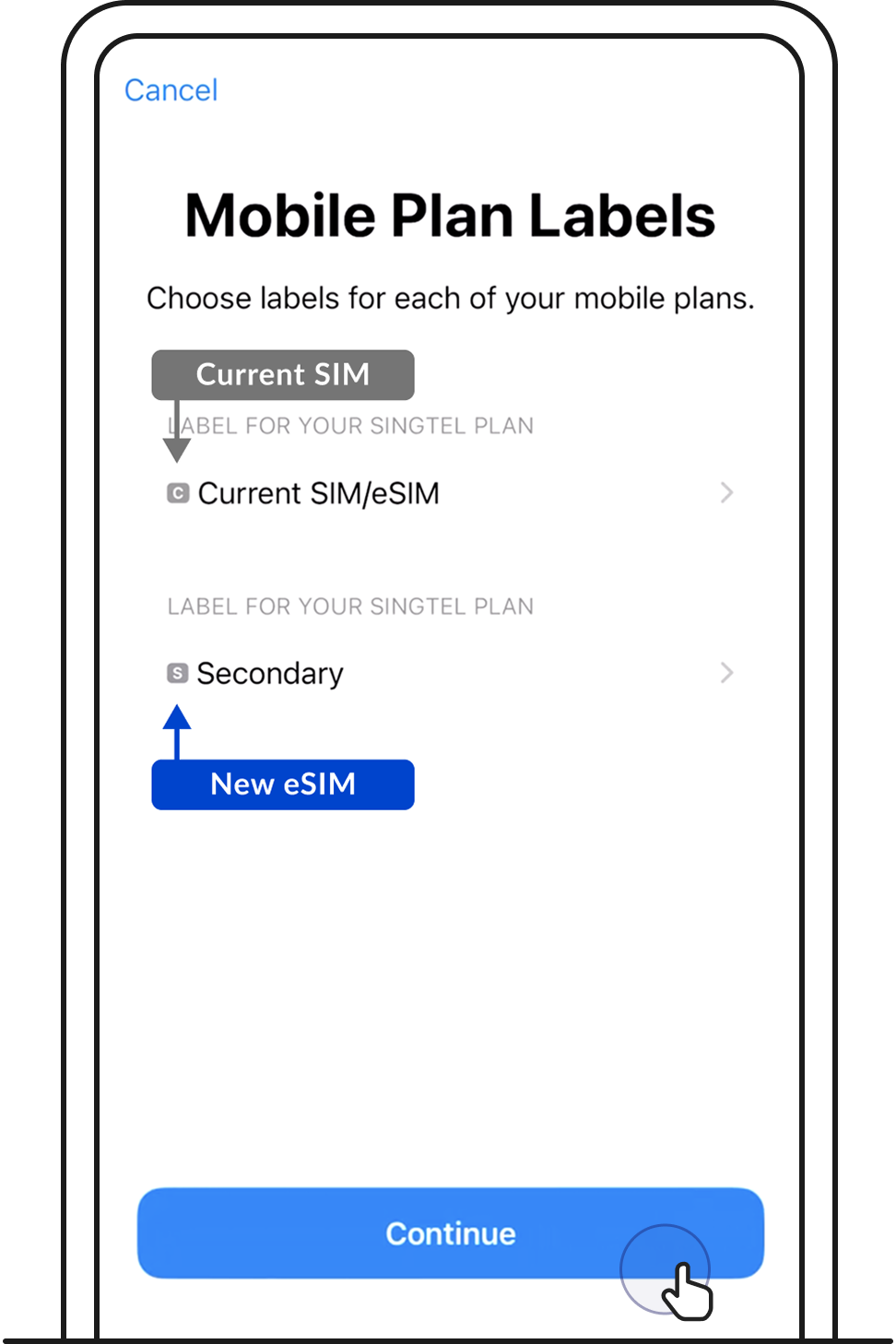 If you already have an existing SIM in your device, you'll see the option to label your mobile lines - Singtel eSIM