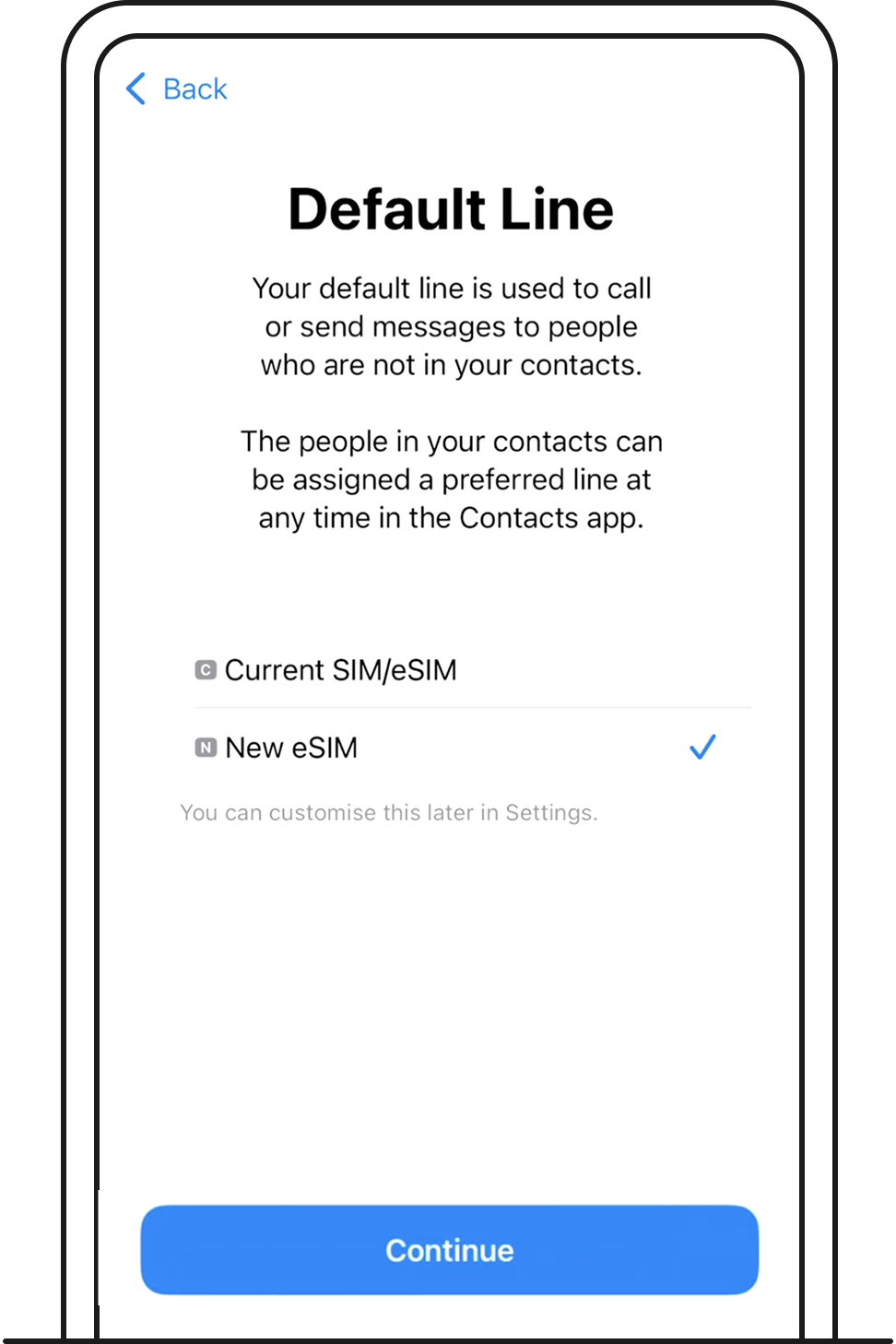 Choose your default mobile line. This will be the number you make calls and send texts from - Singtel eSIM